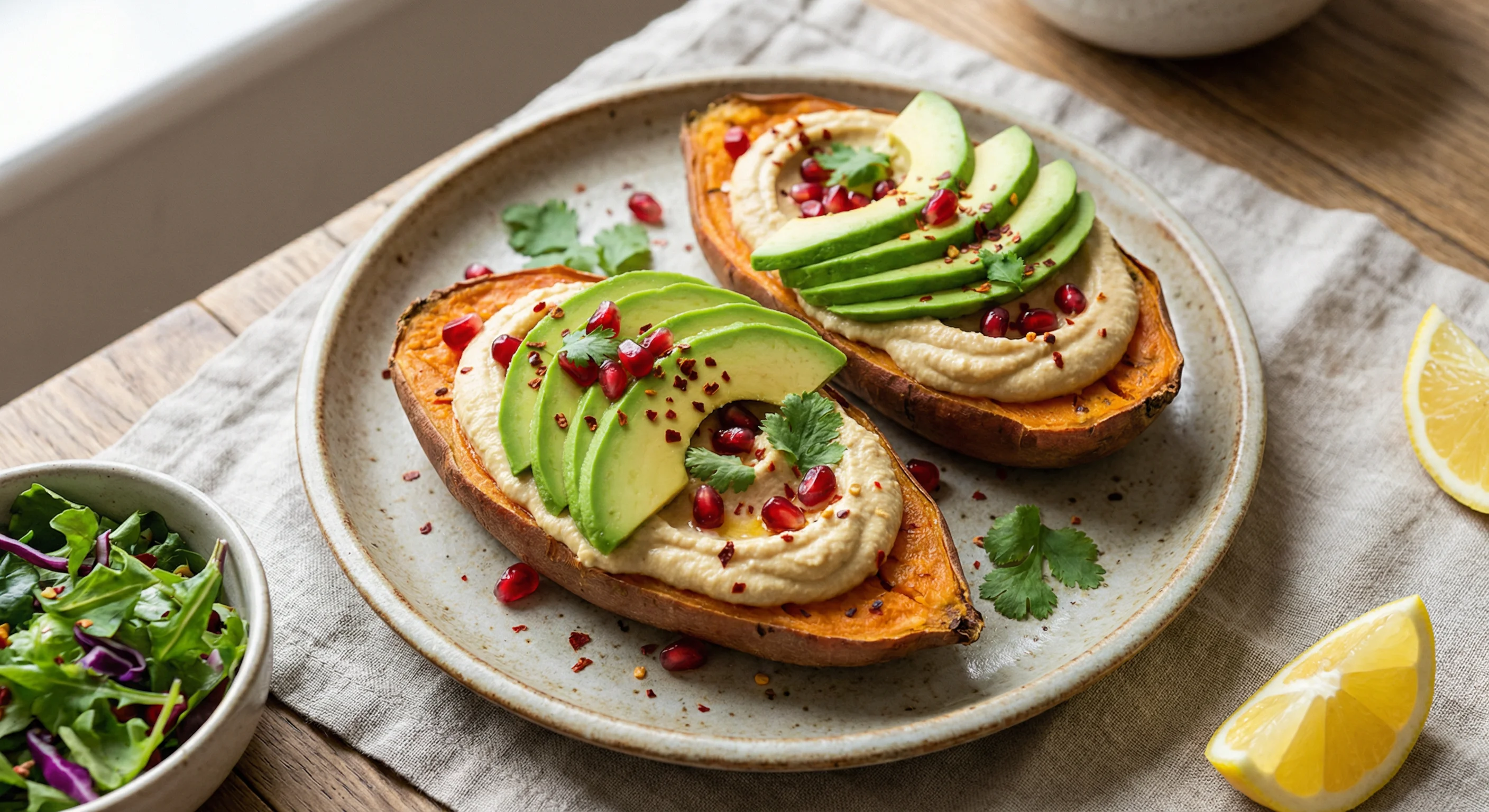 Roasted sweet potatoes with hummus and avocado